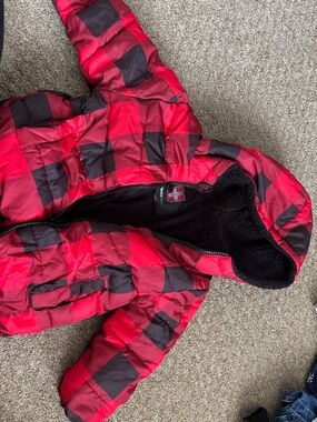 Swiss Tech Kids Red and Black Buffalo Plaid Puffer Jacket with Hood